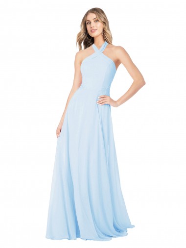 High Neck Long Chiffon Light Sky Blue Sleeveless Bridesmaid Dress / Evening Gowns Essex