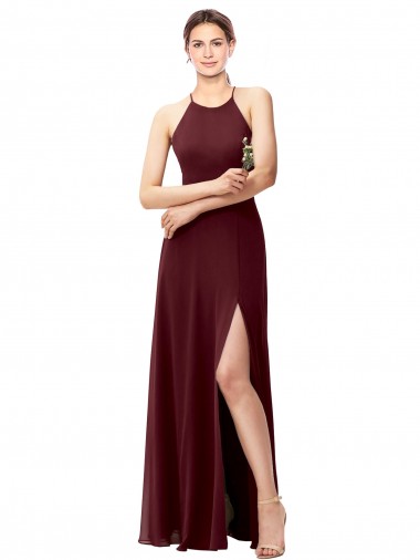 High Neck Long Soft Chiffon Burgundy Gold Sleeveless Bridesmaid Dress Essex