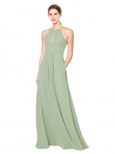 Halter Neck Long Soft Chiffon Smoke Green Sleeveless Bridesmaid Dress Essex