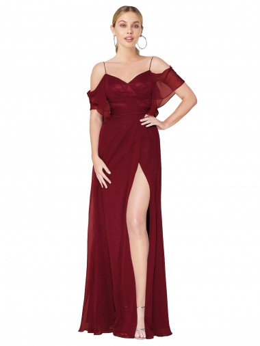 High Neck Long Soft Chiffon Burgundy Cold Shoulder Formal Evening Gown / Prom Dress / Bridesmaid Dress Essex