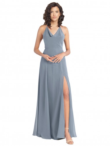 Cowl Neck Long Soft Chiffon Dusty Blue Sleeveless Bridesmaid Dress Essex