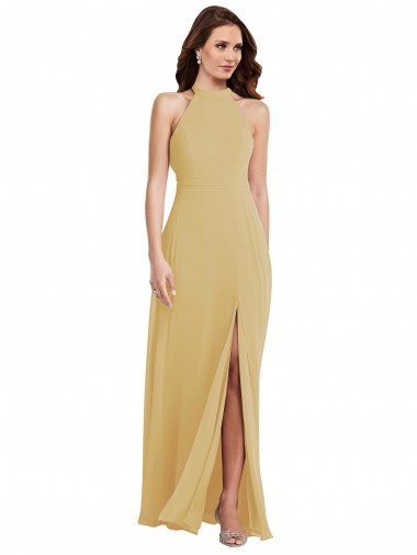 Halter Neck Long Soft Chiffon Gold Sleeveless Semi Formal Evening Dress / Bridesmaid Dress Essex