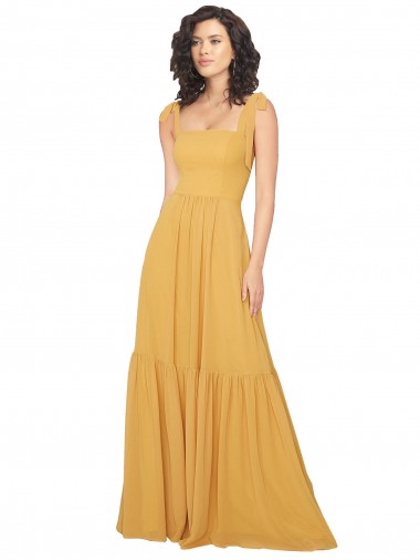 Square Neck Long Soft Chiffon Saffron Sleeveless Bridesmaid Dress Essex