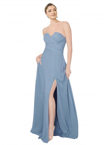 Strapless Long Chiffon Dusty Blue Sleeveless Bridesmaid Dress / Evening Dress Essex