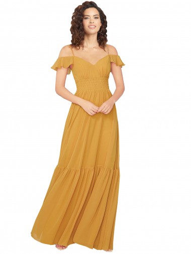 Sweetheart Long Soft Chiffon Saffron Cold Shoulder Bridesmaid Dress Essex