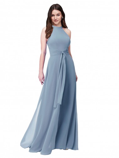 High Neck Long Chiffon Dusty Blue Sleeveless Bridesmaid Formal Dress Essex