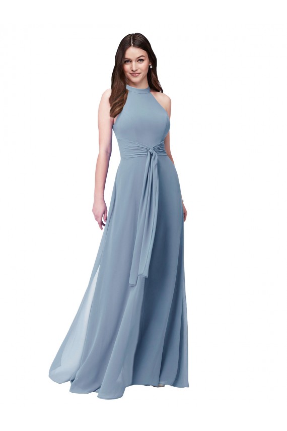 High Neck Long Chiffon Dusty Blue Sleeveless Bridesmaid Formal Dress Essex