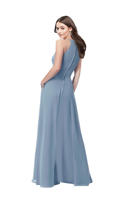 High Neck Long Chiffon Dusty Blue Sleeveless Bridesmaid Formal Dress Essex