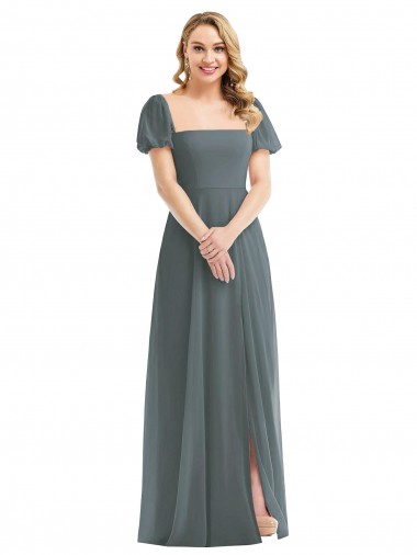 Square Neck Long Soft Chiffon Slate Grey Puff Sleeves Semi Formal Evening Dress / Bridesmaid Dress Essex