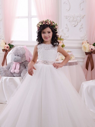 Bateau Neck Chapel Train Tulle & Lace Ivory Sleeveless Flower Girl Dress Essex