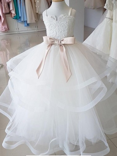 High Neck Long Tulle & Lace Ivory Sleeveless Flower Girl Wedding Dress Essex