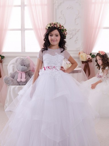 Sweetheart Long Tulle & Lace Ivory Short Sleeves Little Flower Girl Dress Essex