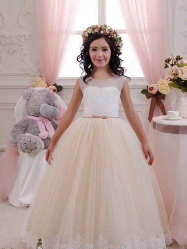 Sweetheart Long Tulle & Lace Ivory & Champagne Sleeveless Flower Girl Dresses for Wedding Essex