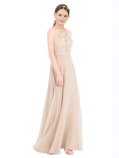 High Neck Long Soft Chiffon & Lace Champagne Sleeveless Prom Dress / Bridesmaid Dress Essex