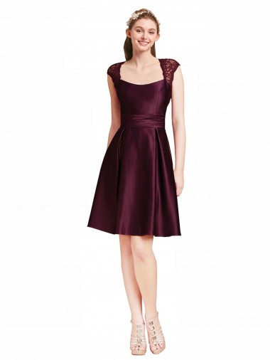 Square Neck Knee Length Satin & Lace Grape Sleeveless Bridesmaid Dress Essex