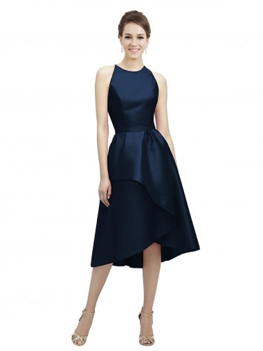 Jewel Neck Tea Length Satin Dark Navy Sleeveless High Low Bridesmaid Dress Essex