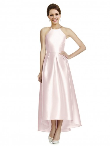 Halter Neck Long Satin Pink Sleeveless High Low Bridesmaid Dress Essex