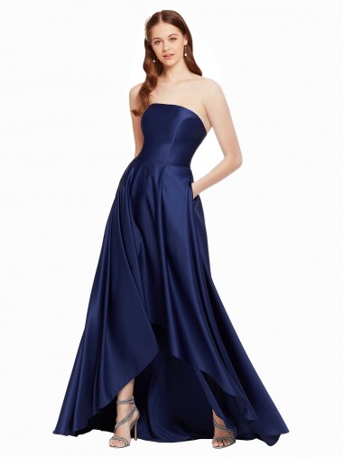 Strapless Long Satin Dark Navy Sleeveless High Low Evening Gown / Prom Dress / Bridesmaid Dress Essex