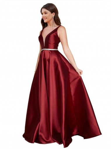 V-Neck Long Satin Burgundy Sleeveless Formal Plus Size Evening Gown / Prom Dress / Bridesmaid Dress Essex