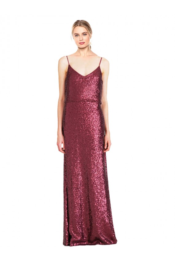 High Neck Long Sequin Burgundy A-Line Sleeveless Formal Evening Gown / Prom Dress / Bridesmaid Dress Essex