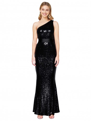 One Shoulder Long Sequin Black Sleeveless Formal Evening Gown / Prom Dress / Bridesmaid Dress Essex