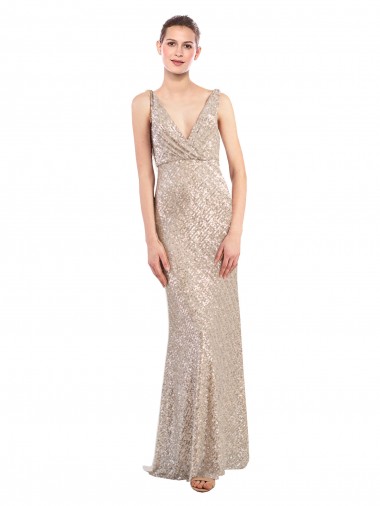 V-Neck Long Sequin & Sparkling Sequin Silver Sleeveless Formal Evening Gown / Prom Dress / Bridesmaid Dress Essex