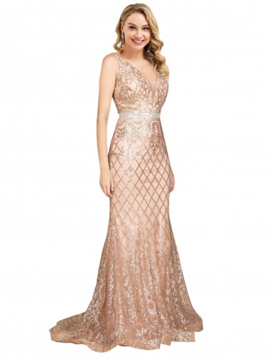 V-Neck Long Sequin & Sparkling Sequin Rose Gold Sleeveless Formal Plus Size Evening Gown / Prom Dress / Bridesmaid Dress Essex