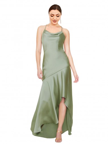 Cowl Neck Long Silk like Satin Smoke Green Sleeveless High Low Evening Gown / Prom Dress / Bridesmaid Dress Essex