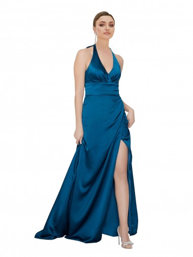 Halter Neck Long Silk like Satin Peacock Blue Sleeveless Formal Evening Gown / Prom Dress / Bridesmaid Dress Essex