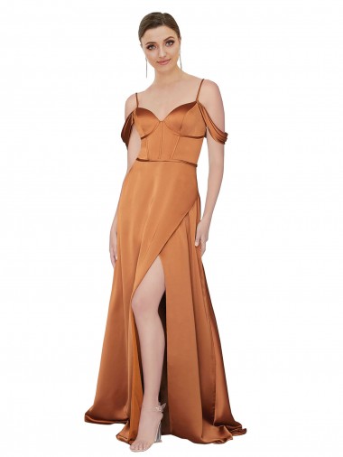 Sweetheart Long Silk like Satin Orange Cold Shoulder Formal Evening Gown / Prom Dress / Bridesmaid Dress Essex