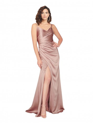 V-Neck Long Silk like Satin Dusty Pink Sleeveless Black Tie Evening Gown / Prom Dress / Bridesmaid Dress Essex