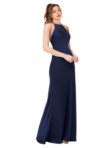 High Neck Long Silk like Satin Sapphire Sheath Sleeveless Formal Evening Gown / Prom Dress / Bridesmaid Dress Essex