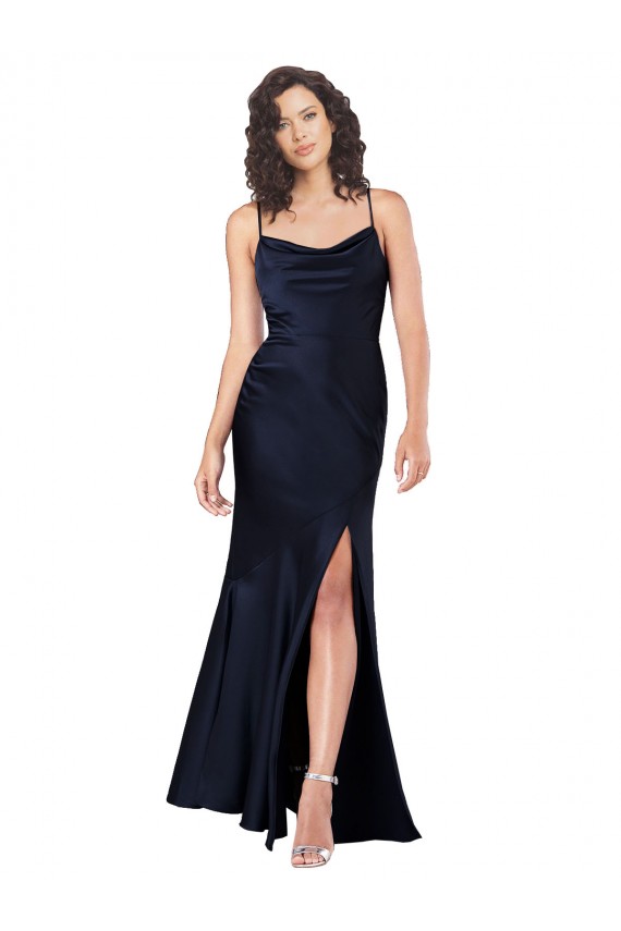 Cowl Neck Long Silk like Satin Dark Navy Sleeveless Black Tie Evening Gown / Prom Dress / Bridesmaid Dress Essex