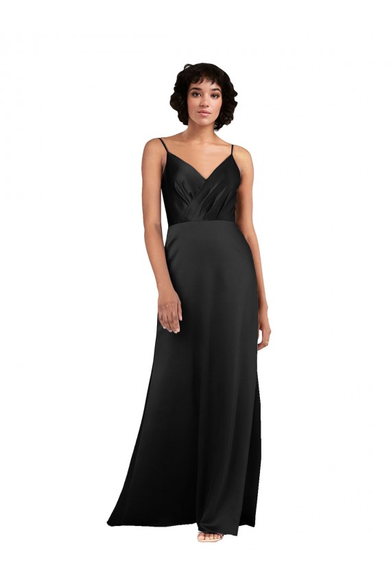 V-Neck Long Silk like Satin Black Column Sleeveless Formal Evening Gown / Prom Dress / Bridesmaid Dress Essex