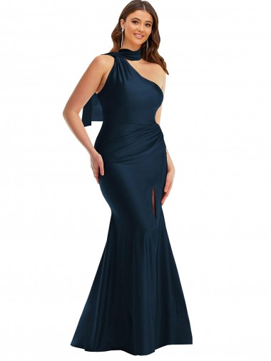 Halter Neck Long Silk like Satin Dark Navy Sleeveless Formal Plus Size Evening Gown / Prom Dress / Bridesmaid Dress Essex