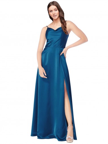 Cowl Neck Long Silk like Satin Peacock Blue Sleeveless Formal Evening Gown / Prom Dress / Bridesmaid Dress Essex