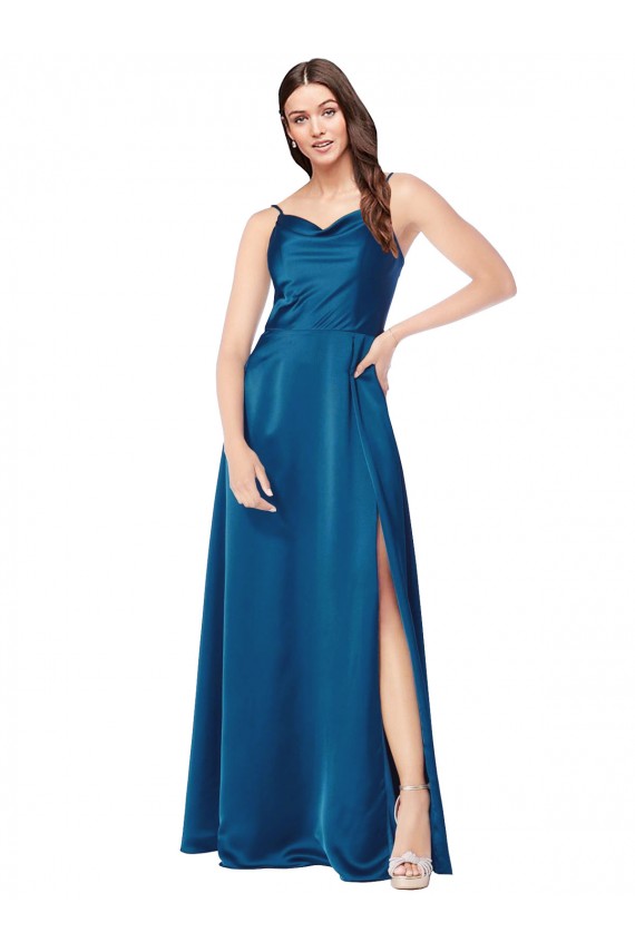 Cowl Neck Long Silk like Satin Peacock Blue Sleeveless Formal Evening Gown / Prom Dress / Bridesmaid Dress Essex