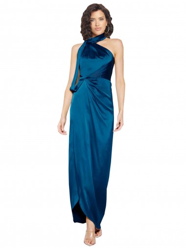 High Neck Long Silk like Satin Peacock Blue Sleeveless Formal Evening Gown / Prom Dress / Bridesmaid Dress Essex