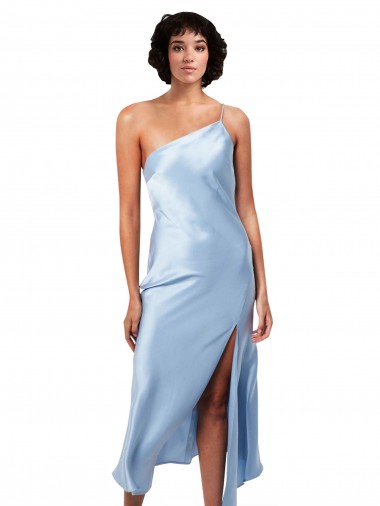 One Shoulder Midi Length Silk like Satin Light Sky Blue Sleeveless Formal Evening Gown / Prom Dress / Bridesmaid Dress Essex