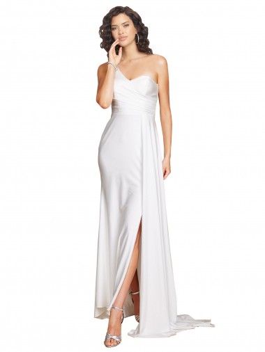 One Shoulder Long Silk like Satin White Sleeveless Wedding Dress Essex