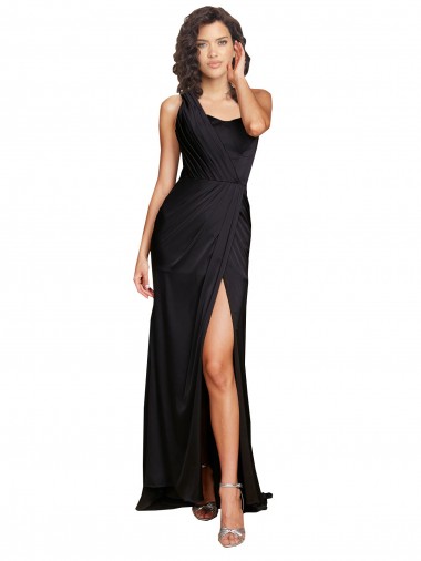 One Shoulder Long Silk like Satin Black Sleeveless Evening Dress / Bridesmaid Dress Essex