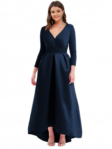 V-Neck Long Spandex Dark Navy Long Sleeves High Low Plus Size Evening Gown / Prom Dress / Bridesmaid Dress Essex