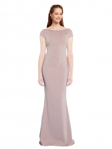 Boat Neck Long Stretch Crepe Dusty Pink Cap Sleeves Formal Evening Gown / Prom Dress / Bridesmaid Dress Essex