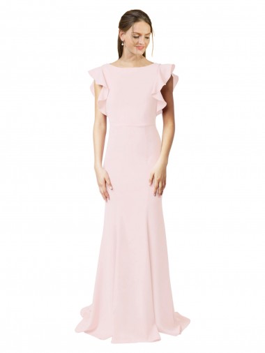 Jewel Neck Sweep Train Stretch Crepe Pink Ruffle Sleeves Black Tie Prom Dress / Bridesmaid Dress Essex