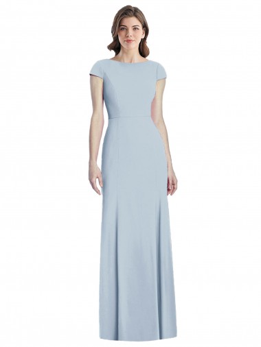 Bateau Neck Long Stretch Crepe Light Sky Blue Cap Sleeves Formal Dress / Bridesmaid Dress Essex