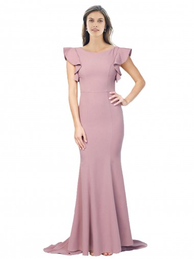 Round Neck Sweep Train Stretch Crepe Dusty Pink Flutter Sleeves Formal Evening Gown / Prom Dress / Bridesmaid Dress Essex