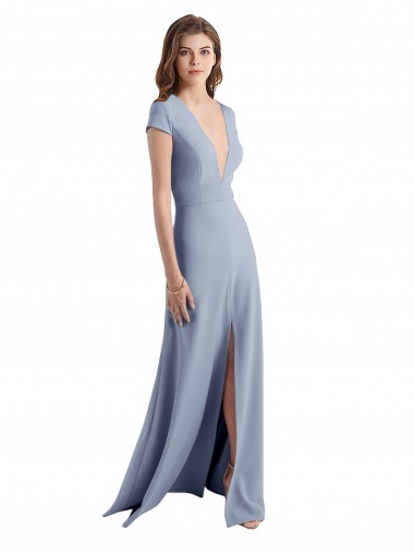 High Neck Long Stretch Crepe Smoke Blue Cap Sleeves Prom Dress / Bridesmaid Dress Essex