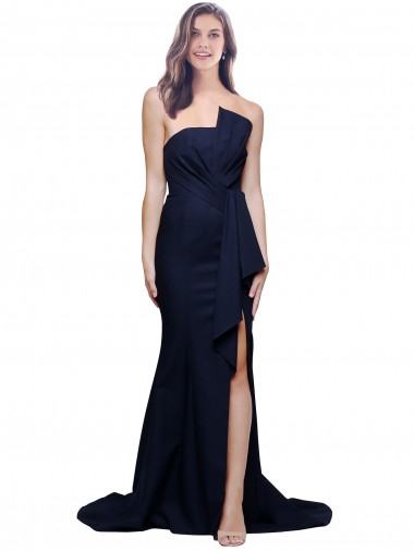 Strapless Sweep Train Stretch Crepe Dark Navy Sheath Sleeveless Semi Formal Evening Dress / Prom Dress / Bridesmaid Dress Essex