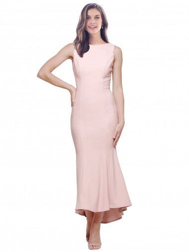 High Neck Midi Length Stretch Crepe Pink Sleeveless High Low Evening Gown / Prom Dress / Bridesmaid Dress Essex