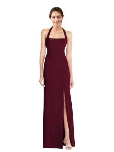 Halter Neck Long Stretch Crepe Burgundy Gold Sleeveless Semi Formal Evening Dress / Prom Dress / Bridesmaid Dress Essex